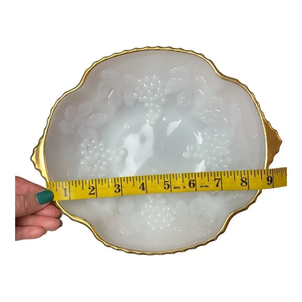 Vintage Anchor Hocking Milk Glass With Gold Trim Fruit Bowl 8.5